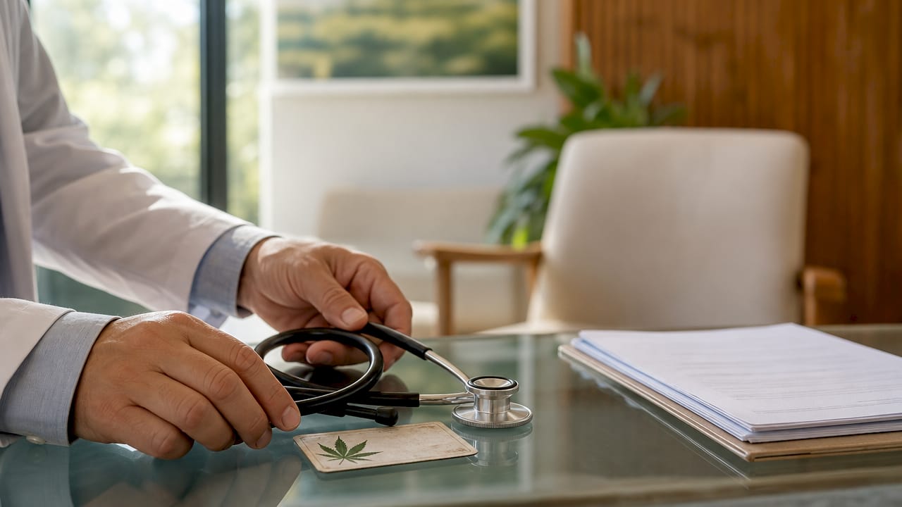 Hands with medical cannabis card and stethoscope