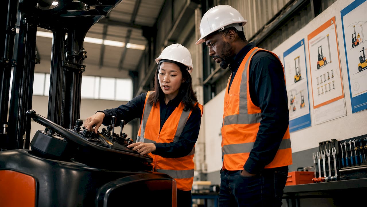 Diverse warehouse workers in lift safety training session