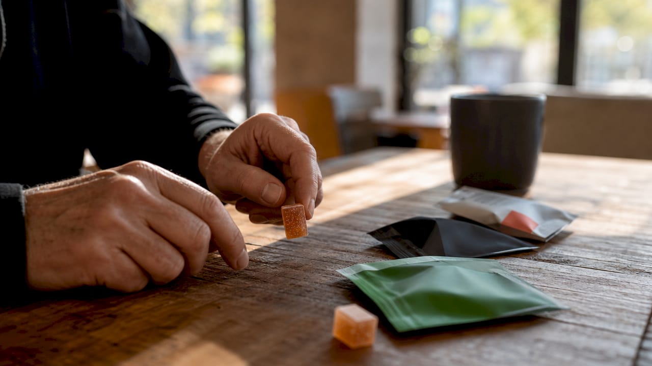 Hands handling cannabis edible gummy in home kitchen