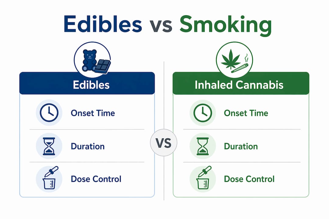 Infographic comparing edibles and inhaled cannabis timing and dosing differences