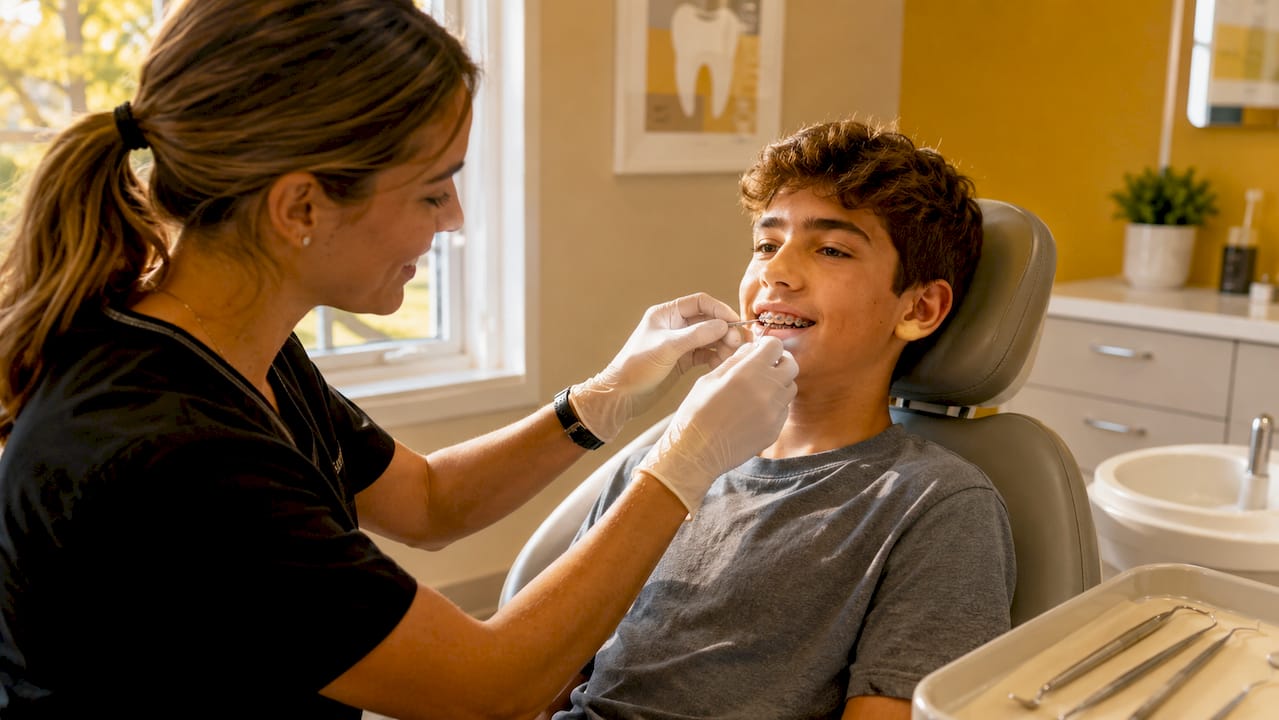 Teen boy receiving braces adjustment in clinic