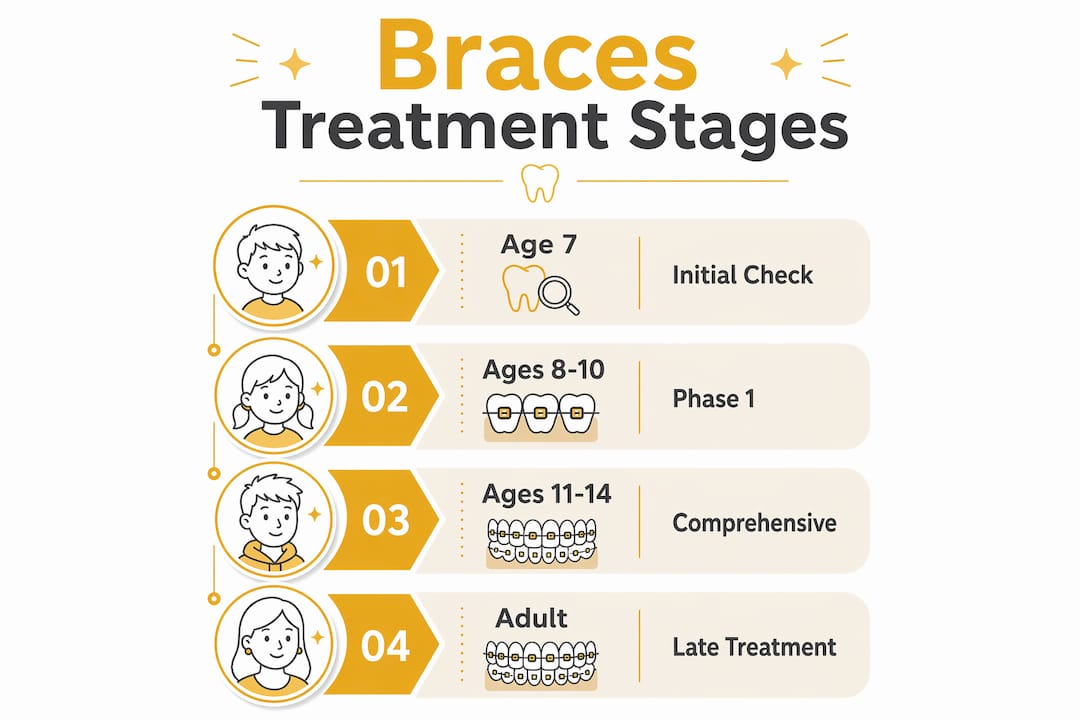 Vertical flow infographic of braces treatment stages