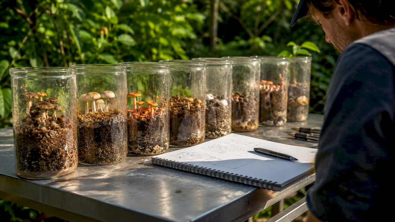 Close-up of soil minerals with growing mushrooms