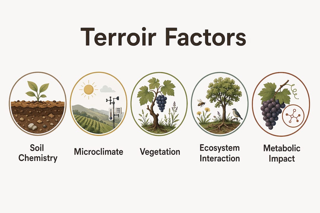 Infographic illustrating key terroir factors in mushroom cultivation