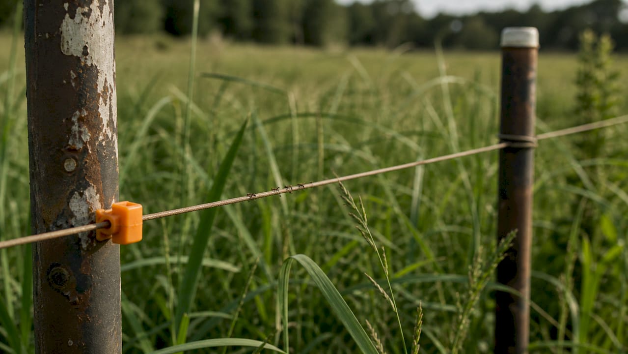 Close-up of polymer-coated high tensile fence wire