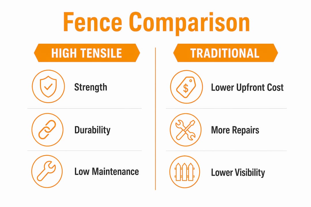 Infographic comparing high tensile and traditional fencing