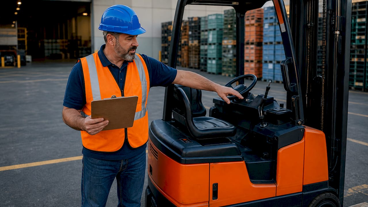 Instructor demonstrating electric motor forklift outdoors
