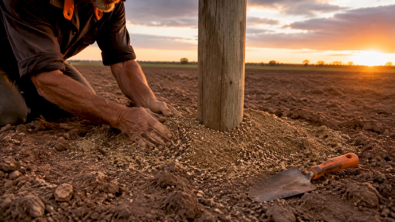 Hands working on fence post base in clay soil
