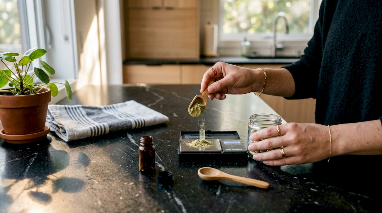 Hands measuring cannabis dose on digital scale