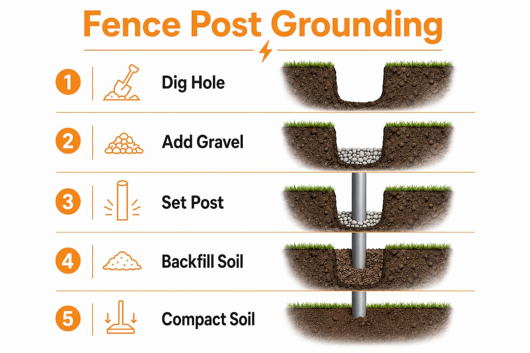 Infographic with fence post grounding steps