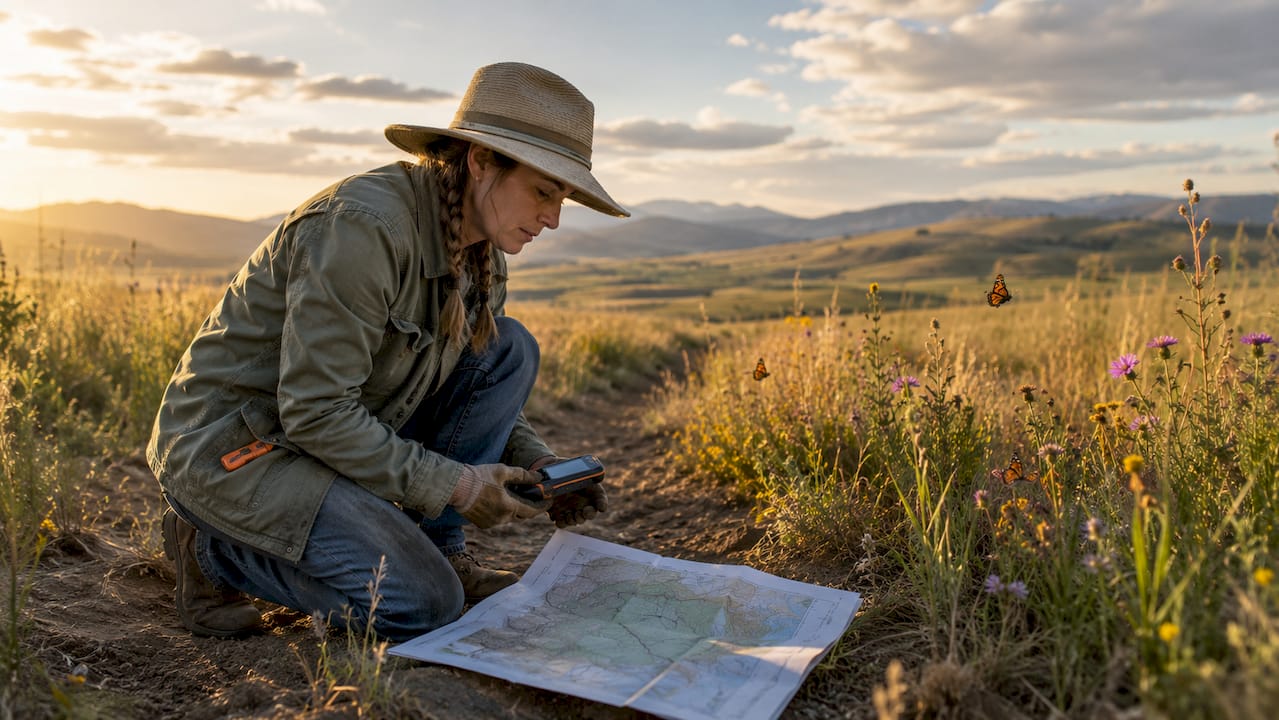 Person mapping pasture acres with GPS and map