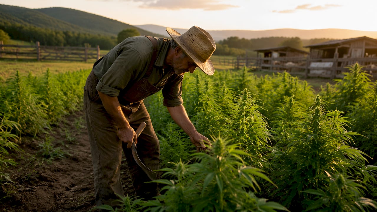 Farmer inspecting hemp plants in traditional farm