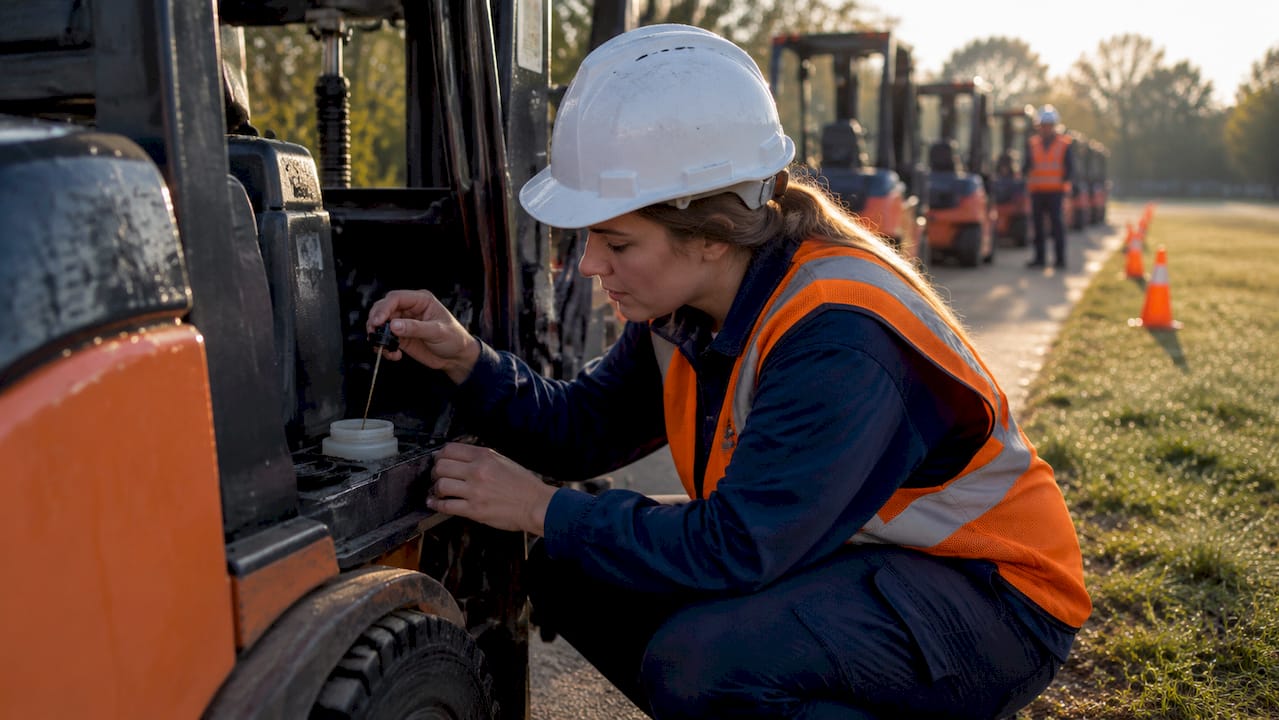 Candidate inspecting forklift tire at training course