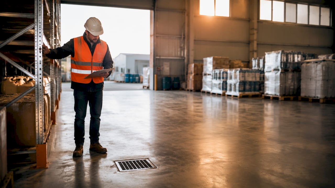 Operator inspecting warehouse floor surface
