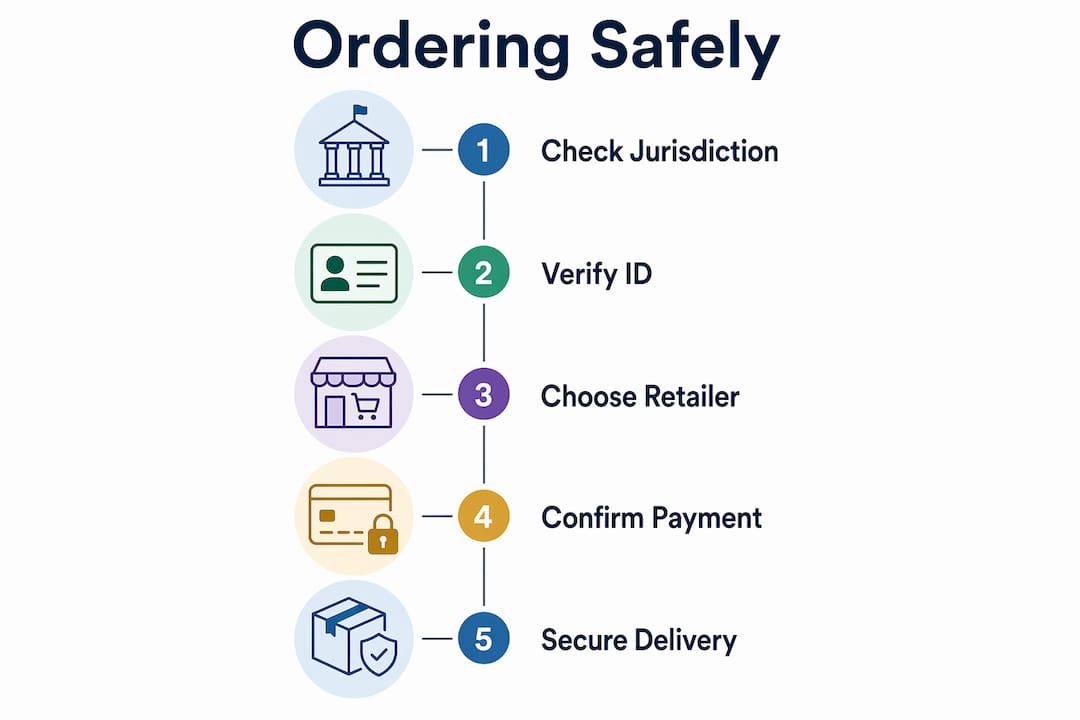 Infographic illustrating steps for safe cannabis online ordering