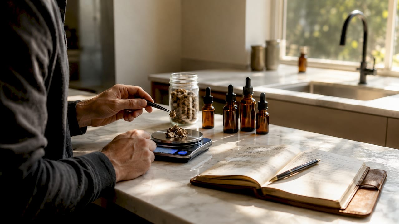 Hands measuring microdose on digital scale