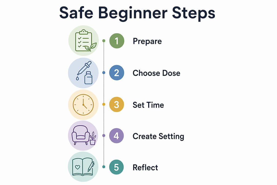 Infographic illustrating safe beginner steps with magic mushrooms