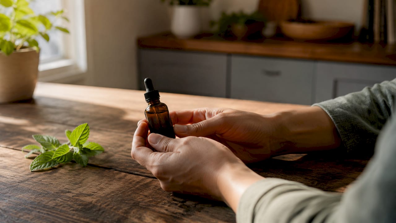 Hands holding CBD oil dropper over dish