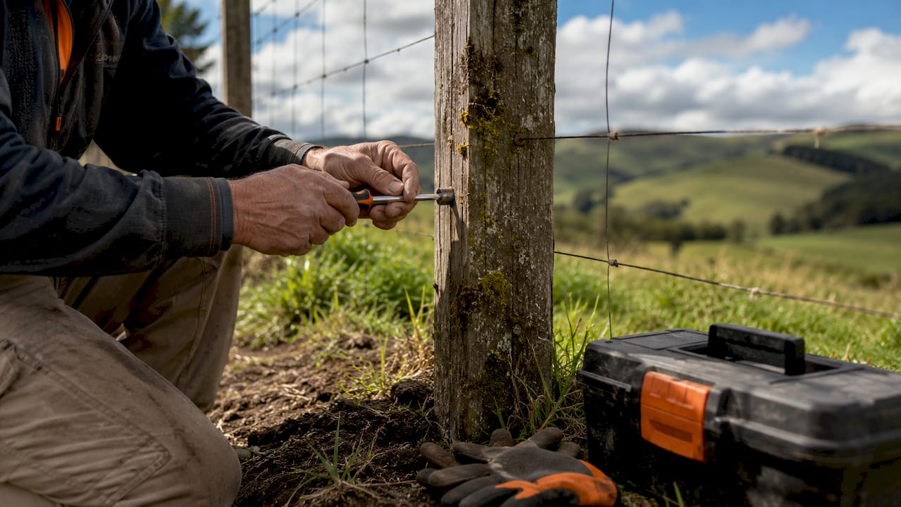 Hands testing wooden fence post stability
