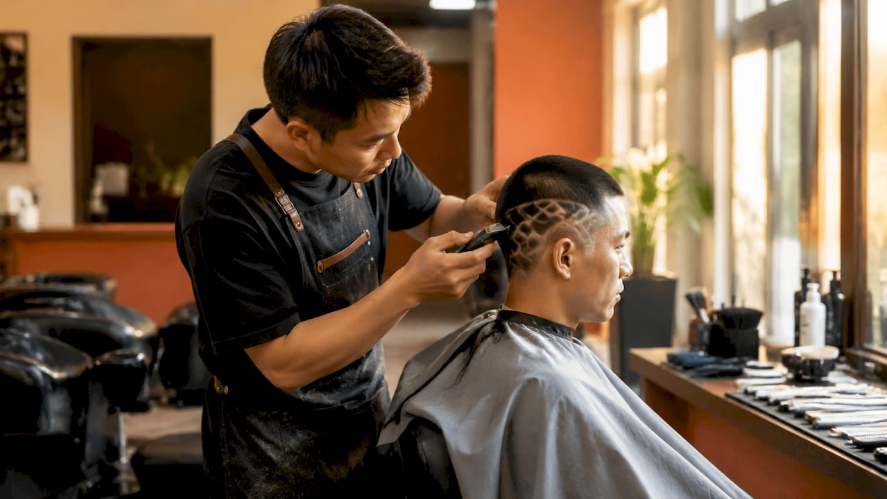 Barber shaping geometric buzz cut design