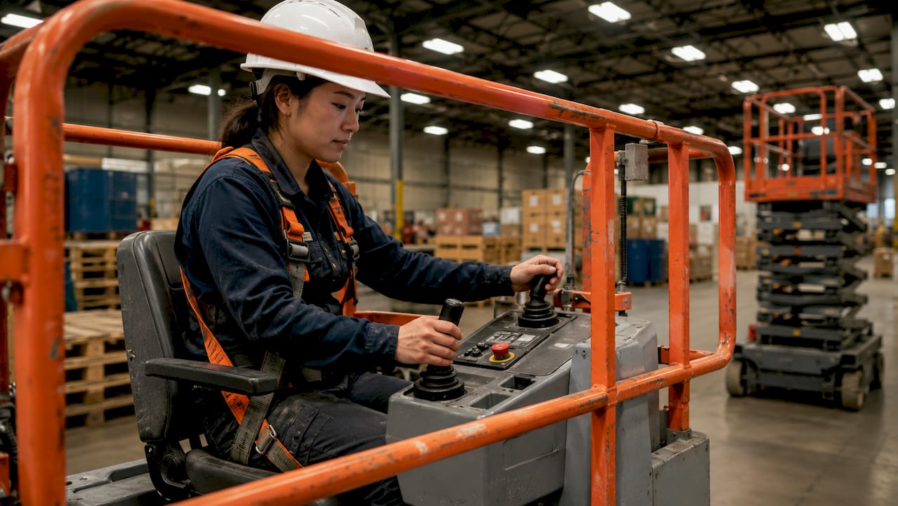 Operator testing scissor lift controls indoors