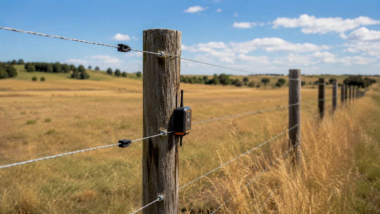 Close-up of fence with IoT voltage monitor sensor