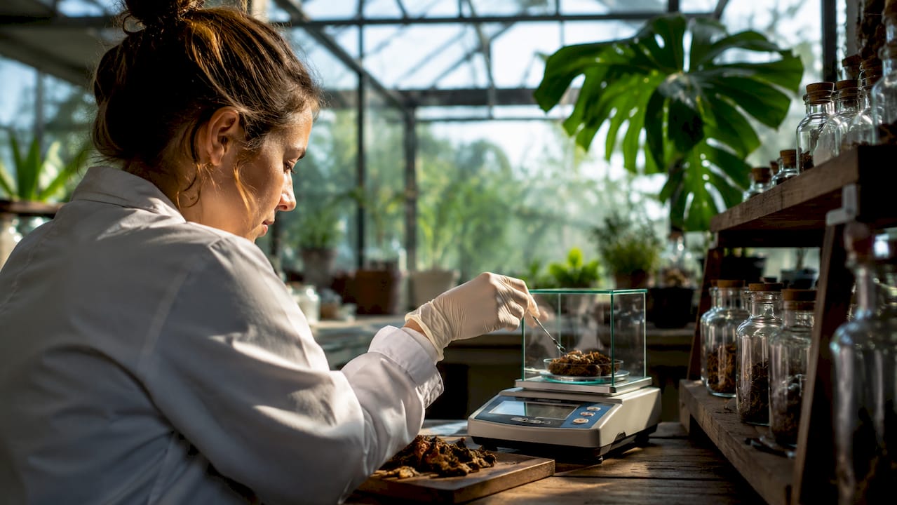 Scientist weighing dried mushroom sample carefully