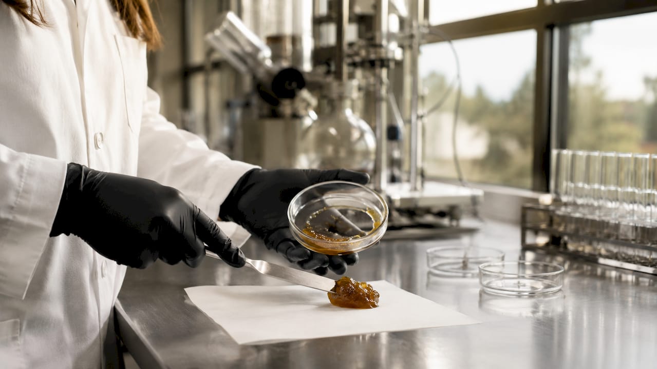 Hands scraping full-spectrum cannabis extract