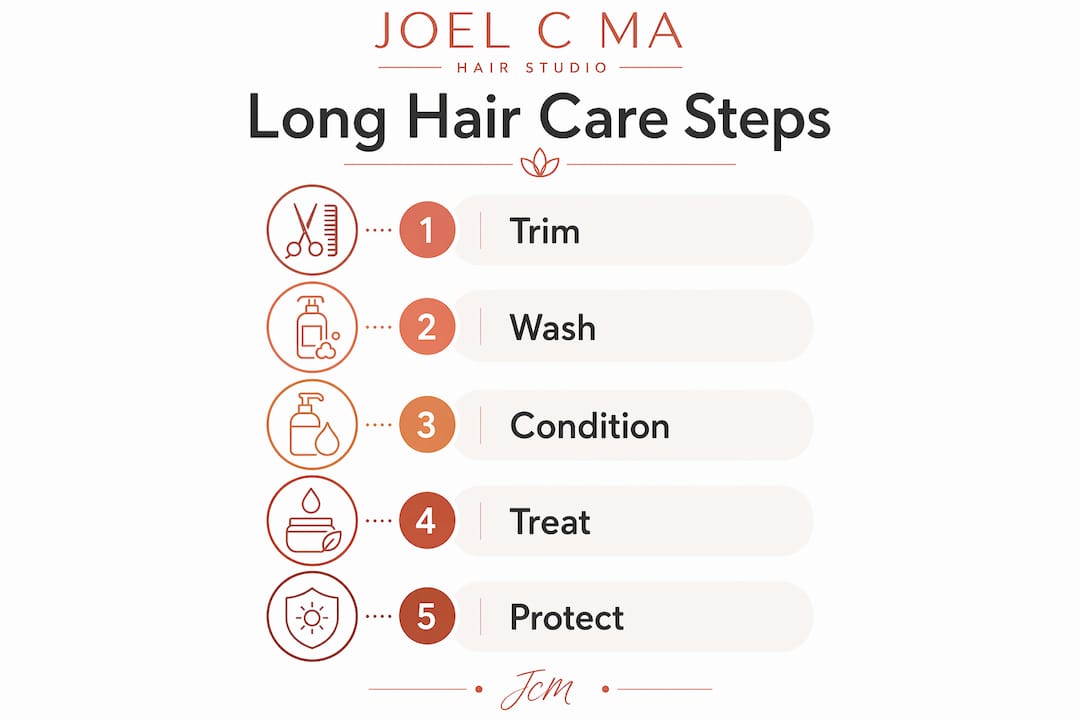 Infographic showing long hair care routine steps