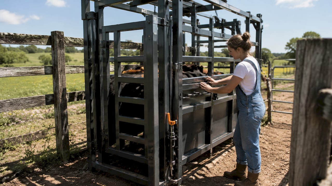 Worker adjusting cattle safety squeeze chute gate