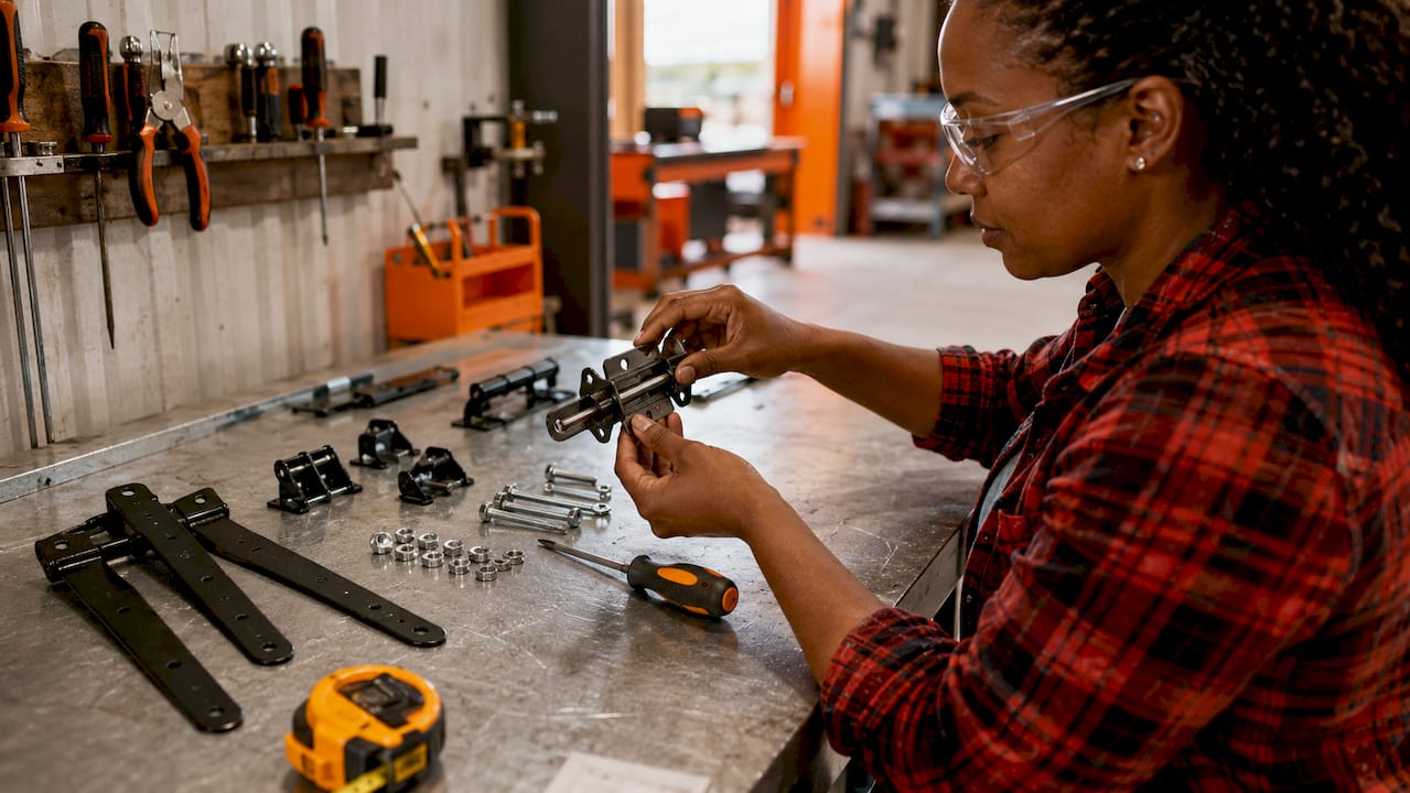 Hands inspecting gate hardware on workbench