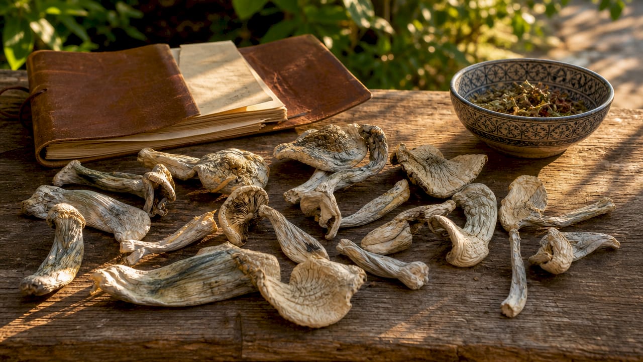 Close-up of Albino Makilla Gorilla mushrooms on slate