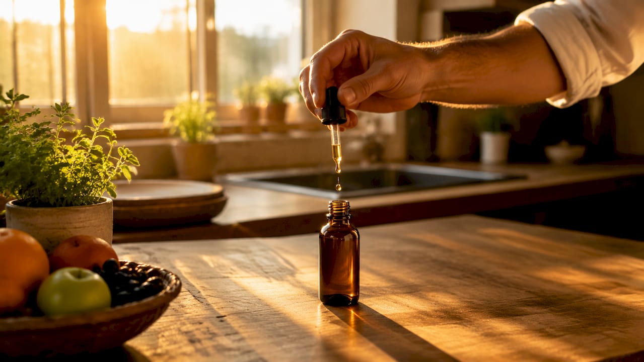 Close-up of hand dosing CBD tincture with dropper