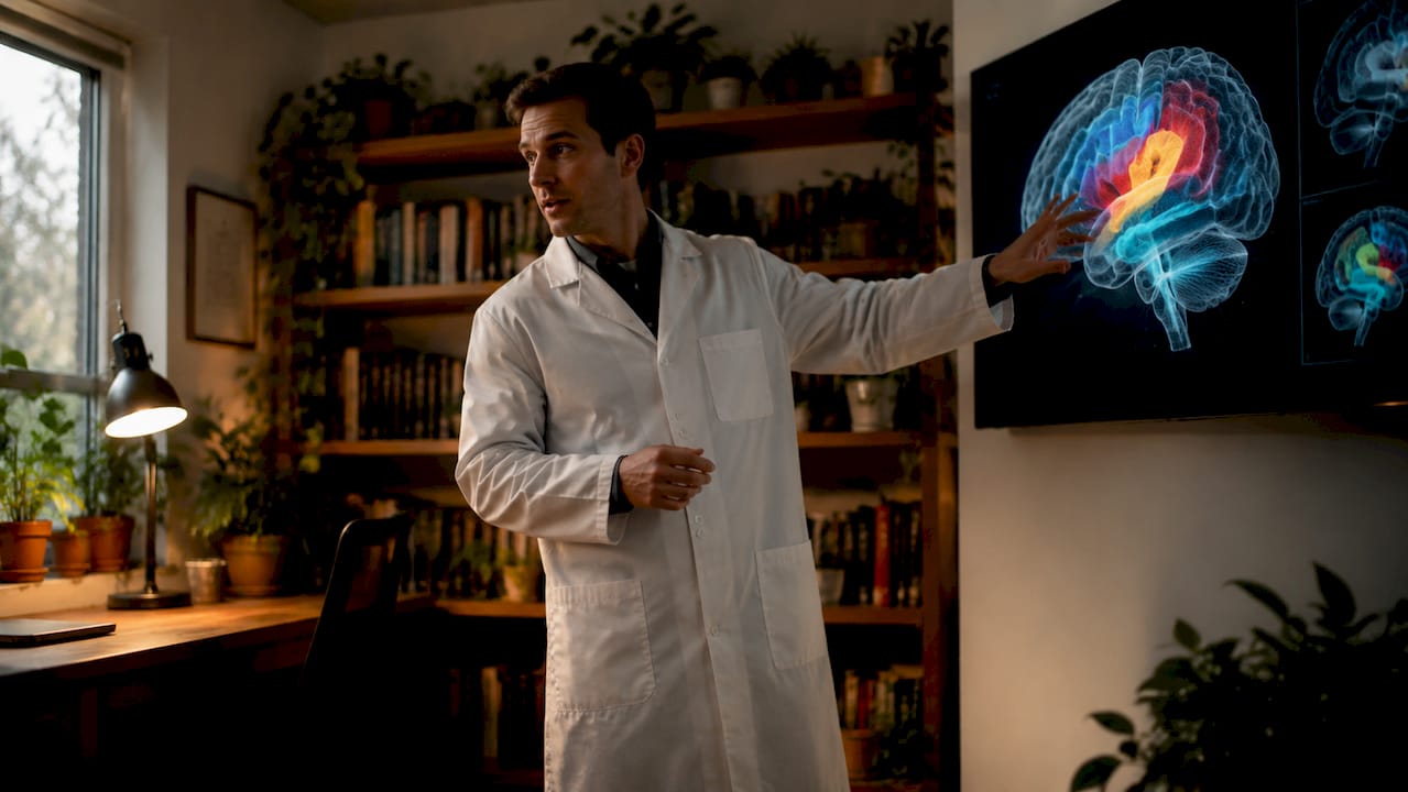 Scientist explaining brain connectivity on touchscreen display