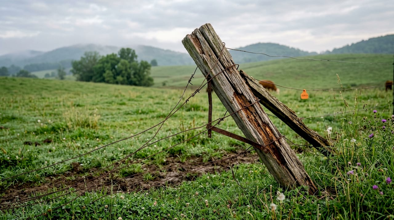 Leaning broken wooden corner post on livestock fence