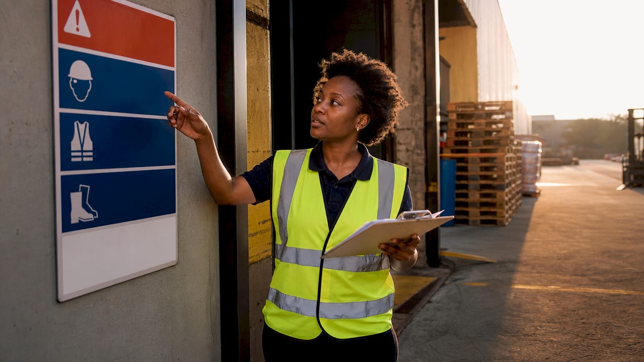 Safety trainer in warehouse conducting compliance check