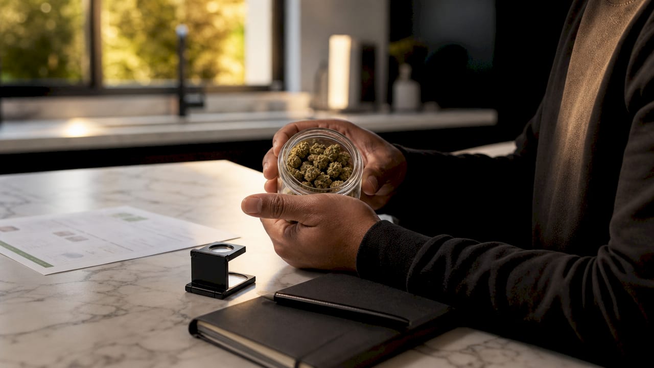 Hands examining cannabis flower quality and packaging