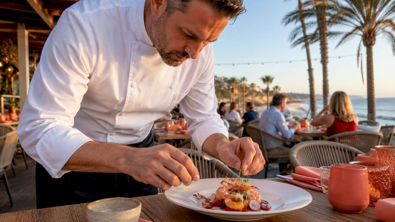 Chef plating tasting menu dish in La Jolla kitchen
