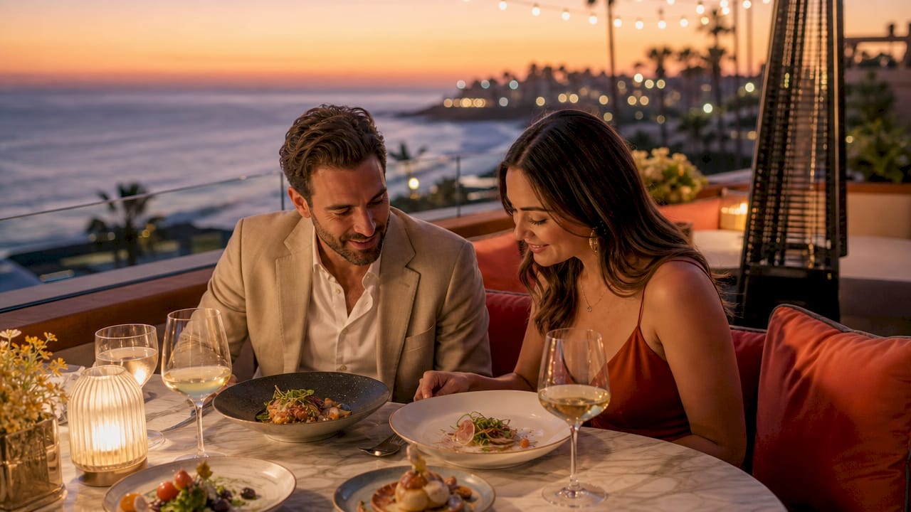 Couple dining at oceanfront La Jolla restaurant patio