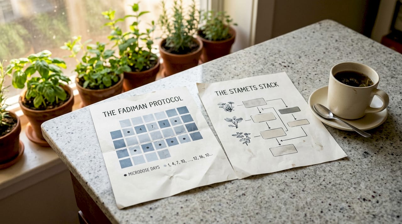Overhead photo of two mushroom protocol schedules on desk