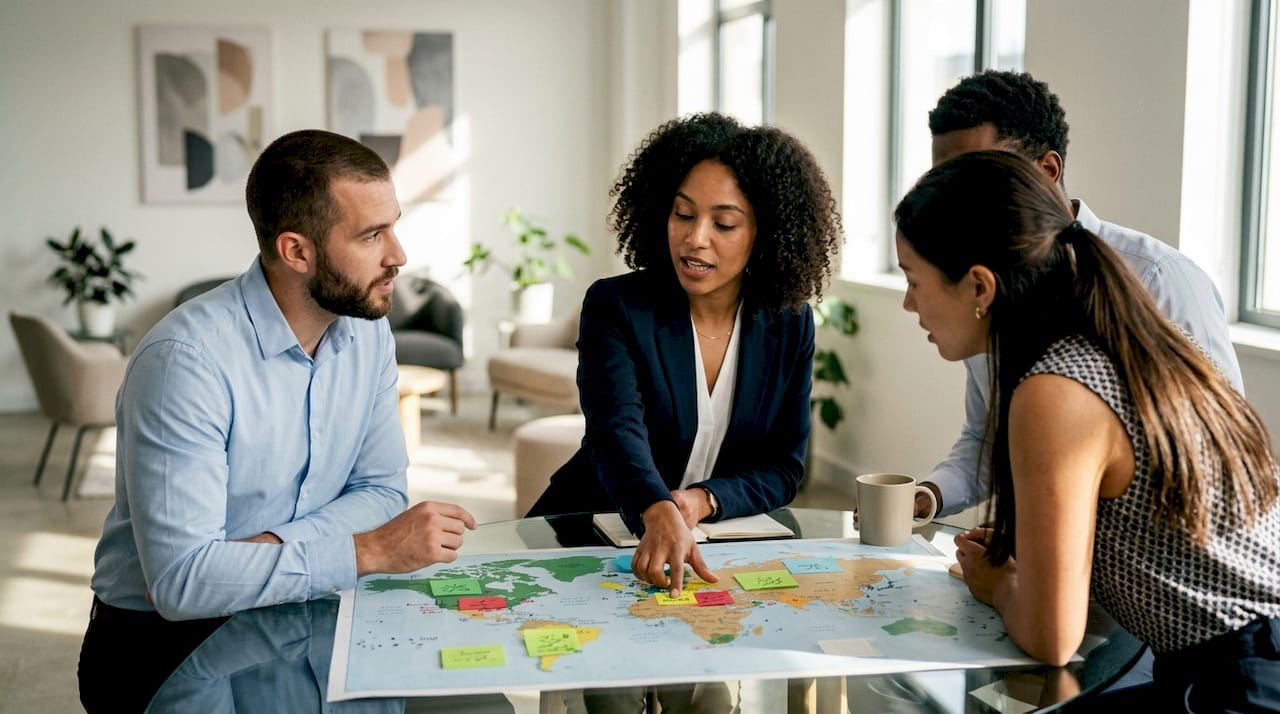 Team reviewing global cannabis legality map