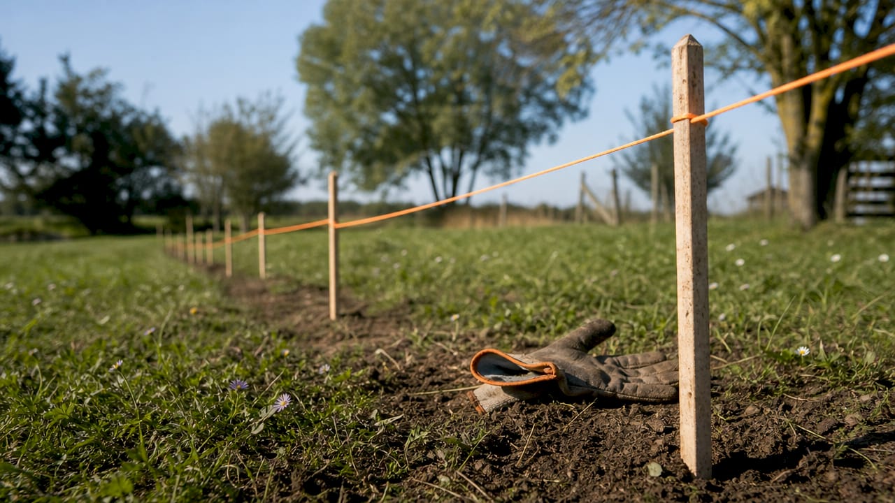 Close-up of string line and stakes layout