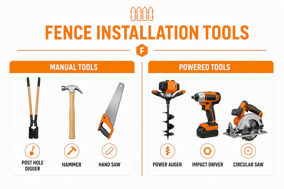 Infographic comparing manual and powered fence tools