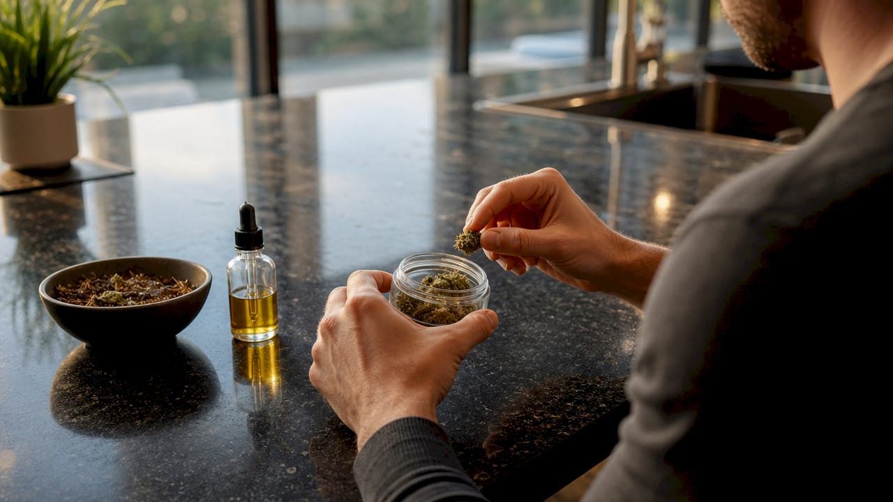 Close-up hands picking cannabis sample for testing