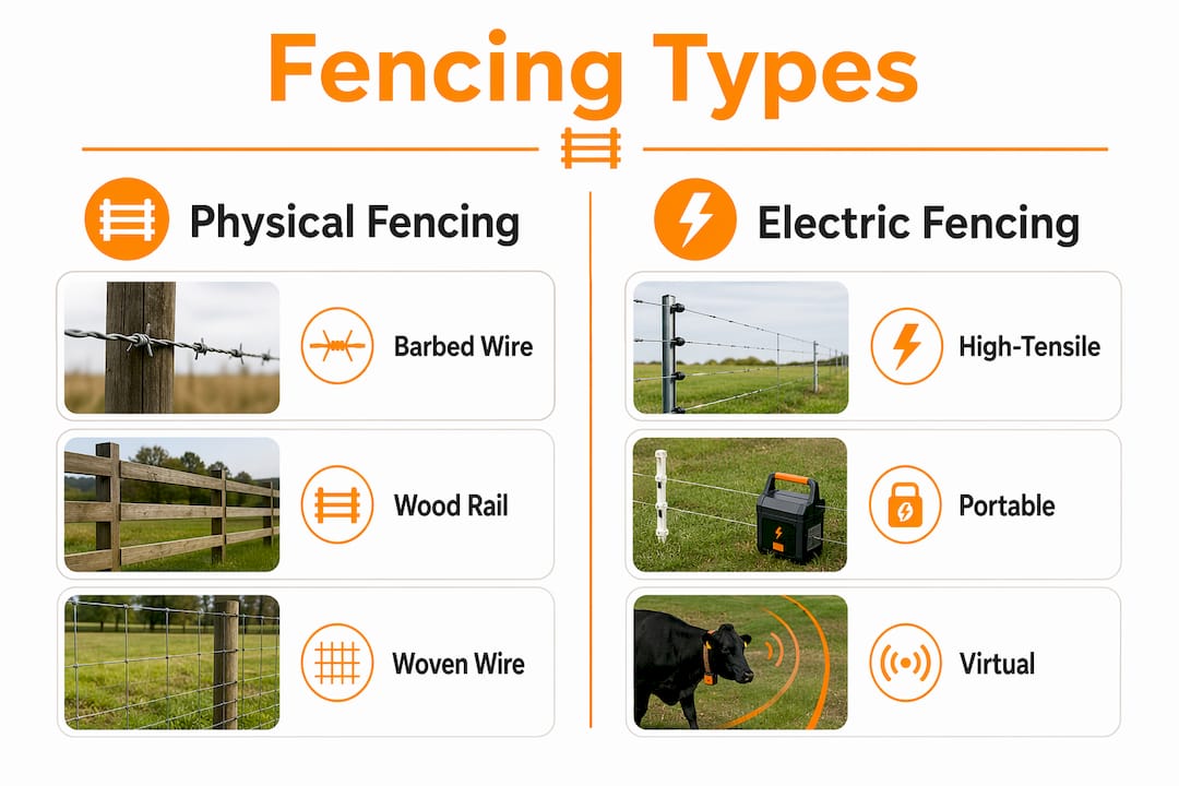 Infographic comparing physical and electric livestock fencing types
