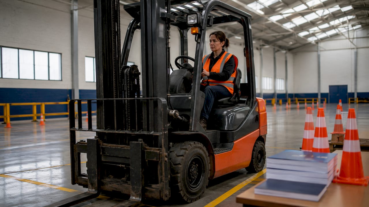 Forklift operator practicing skills indoors