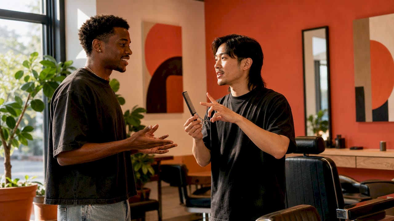 Men discussing creative haircut at barber shop
