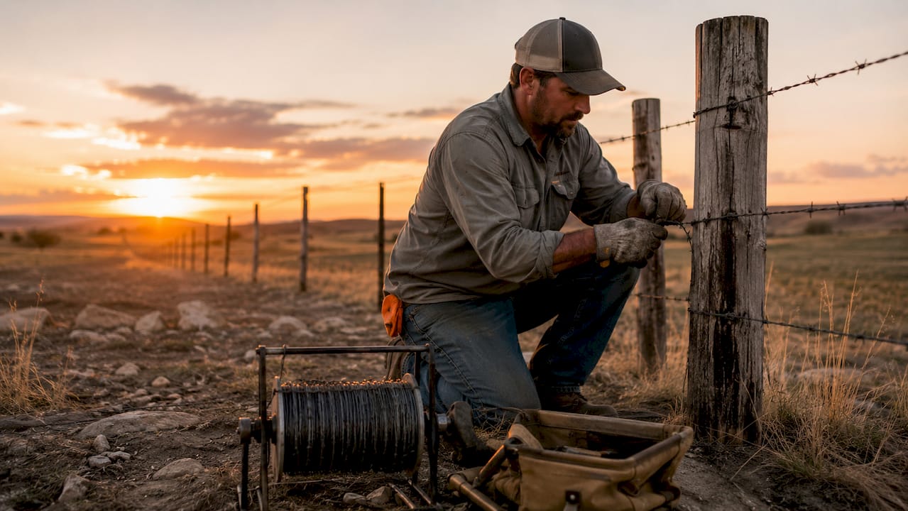Hands tightening barbed wire on farm fence