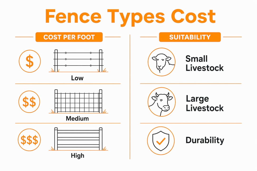 Infographic comparing farm fence costs and suitability