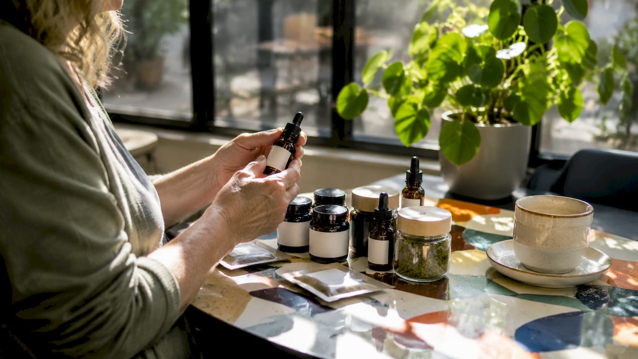 Hands inspecting cannabis products at home counter
